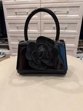 Nina Black Patent Top-Handle Bag with Floral Applique